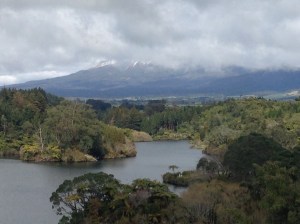 Lake Mangamahoe with part of Mount Taranaki visible in background