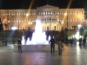 The fountain in Syntagma (Constitution Square) on the night we flew in. We met Jason for our tour here the following morning. Parliament House is in the background. It was formerly the Royal Palace when Greece was a monarchy.