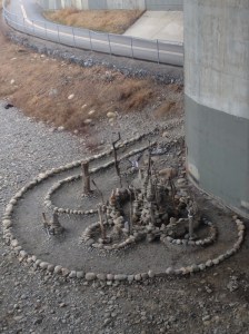 Cairns made of stones found along the river