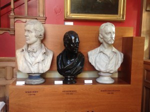 Busts of Sir Walter Scott, Robert Burns, and Robert Louis Stevenson -- the 3 authors of focus at the Writers' Museum