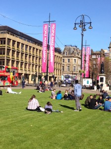 Much used George Square outside across from Queen Street rail station and bounded on one side by Council Chambers