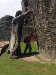 Bob and Big Statue Man trying to hold up the Leaning Tower
