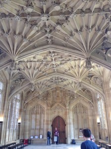 Ceiling in Bodlean library -- shields on ceiling represent individuals who provided funding for library development in 1600s.
