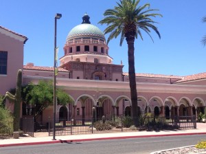 Lovely Pima County Courthouse -- great gardens and a courtyard between buildings where the line for the original town boundary wall use to be located.